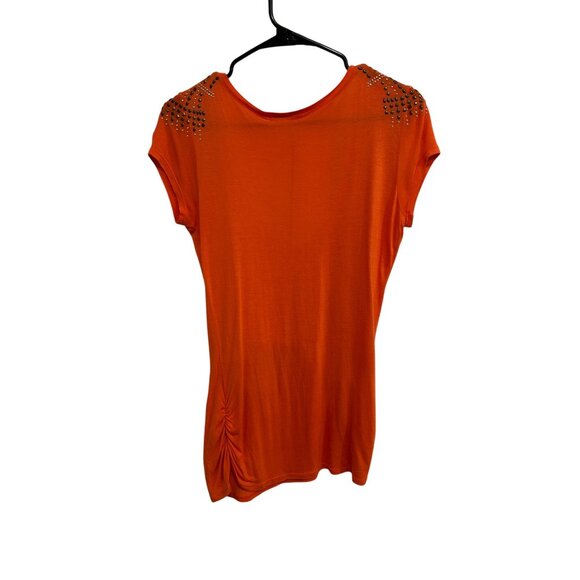 Cache Orange Short Sleeve Top Rhinestone Embellishments Ruched Side Sz Medium - Picture 2 of 10
